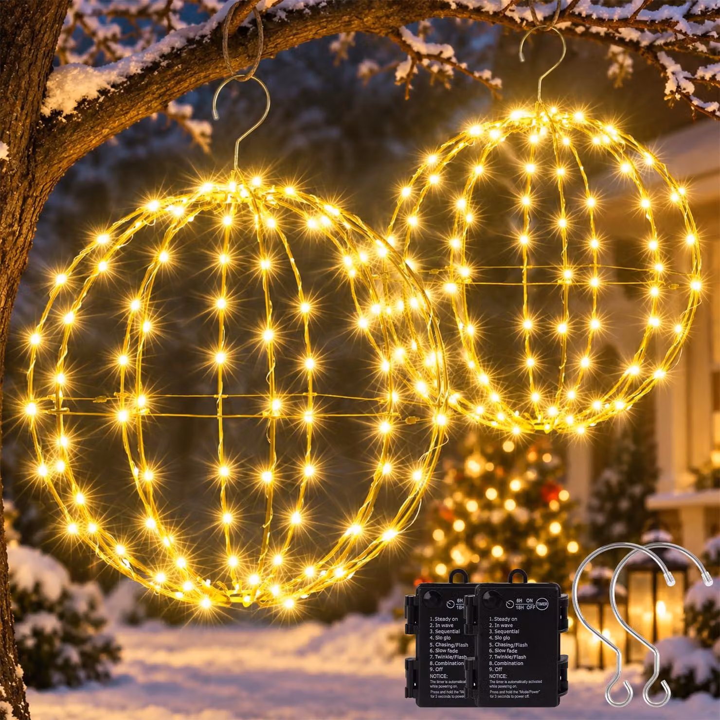 Set di 2 palline natalizie, diametro 30 cm, 200 LED, 8 modalità, alimentate a batteria