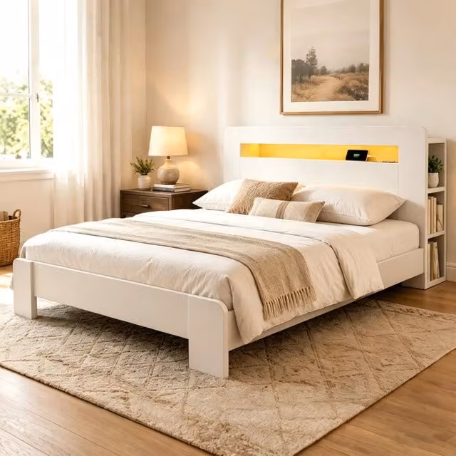 Letto a piattaforma in legno bianco 140×200 cm con testata contenitore, luci LED integrate e prese di corrente in testata