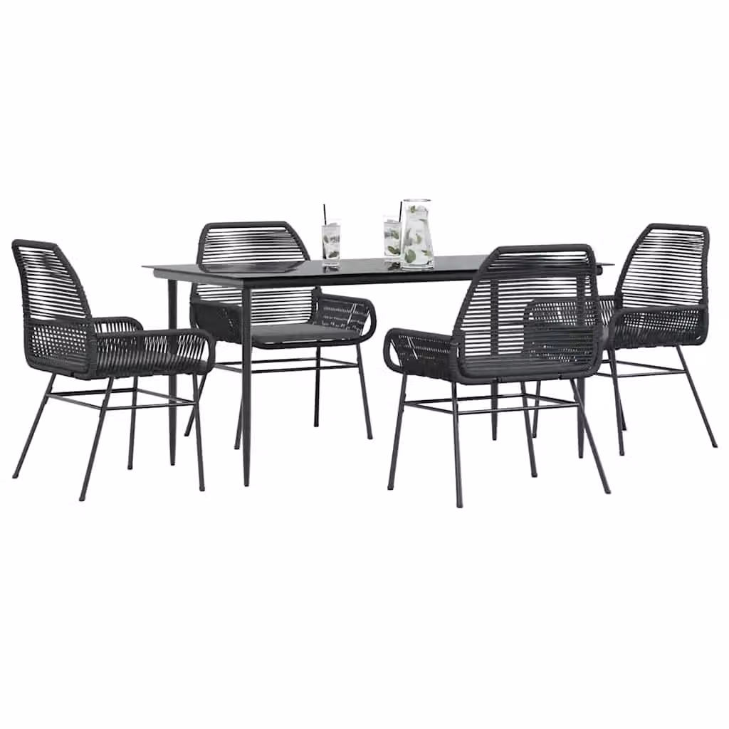Set da pranzo da giardino vidaXL in polyrattan con cuscini e tavolo in vetro, 5 pezzi, nero e grigio
