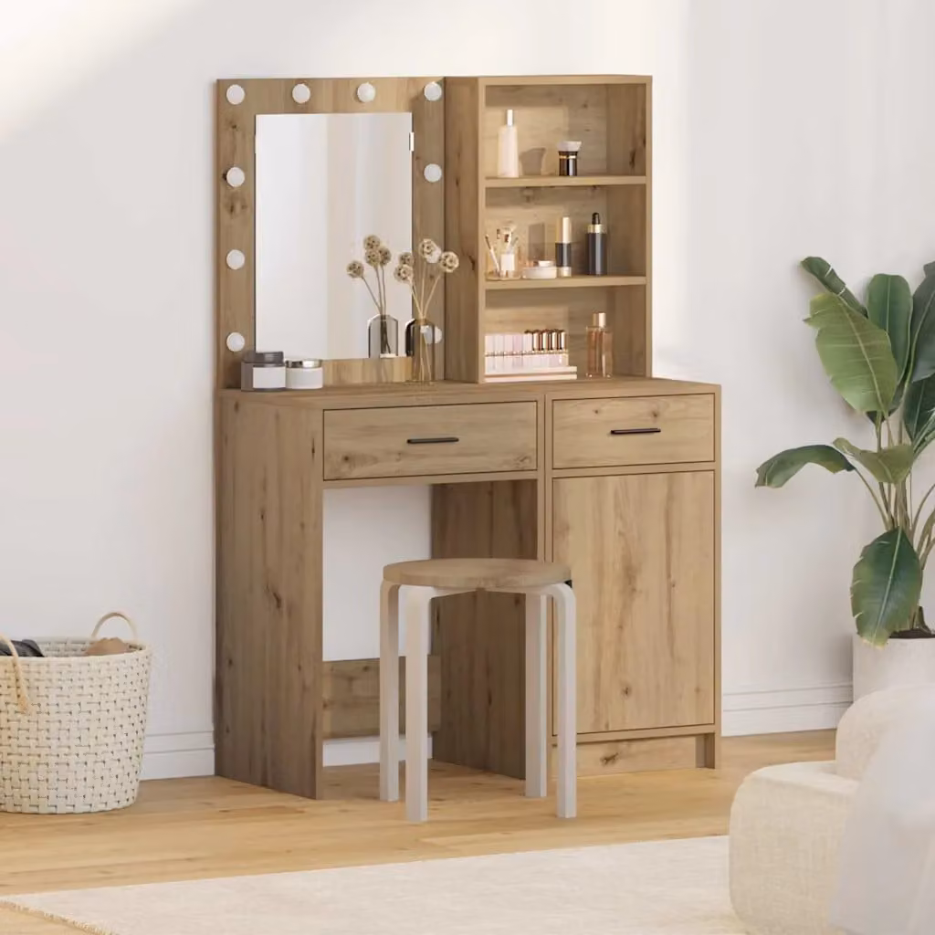 Set da tavolo da trucco con LED vidaXL Hollywood in Rovere e MDF marrone
