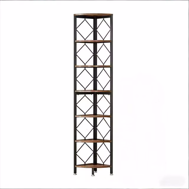 Libreria angolare a 7 ripiani con kit antiribaltamento, design salvaspazio per studio, in metallo e legno, nero e marrone