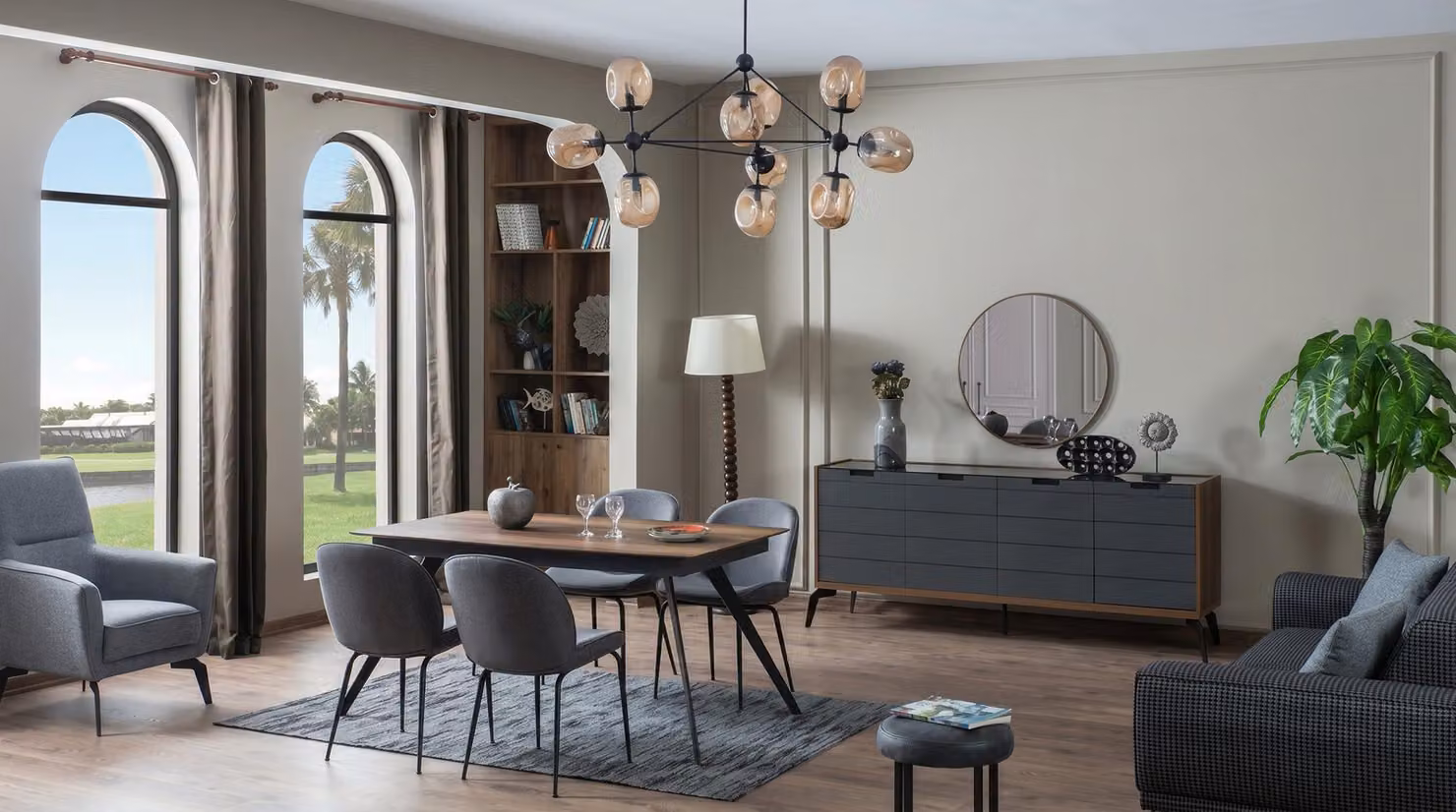 Set per sala da pranzo: tavolo da pranzo, 4 sedie, una credenza e uno specchio, stile industriale (loft), colore grigio