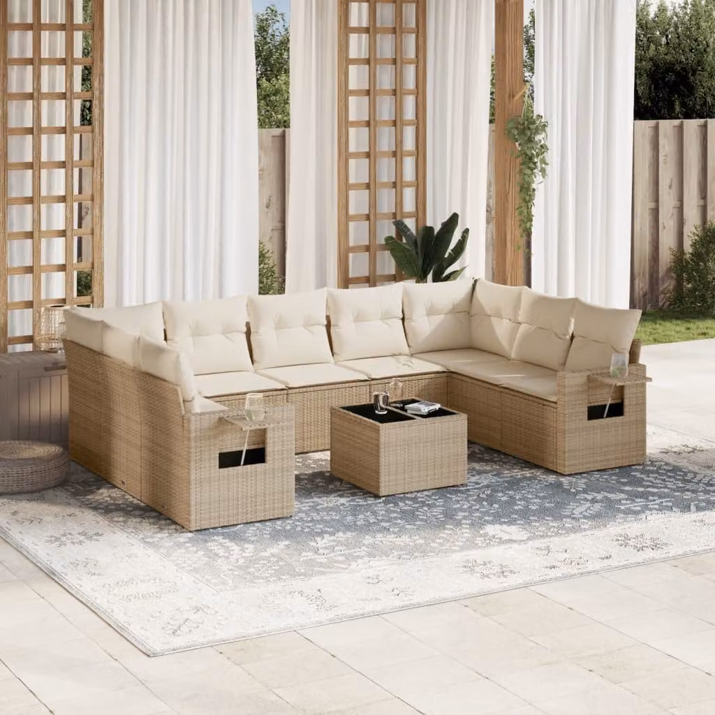 vidaXL Set Divano da Giardino 10 pz a Forma di L in Polyrattan con Cuscini Beige e Tavolino da Esterno – 1