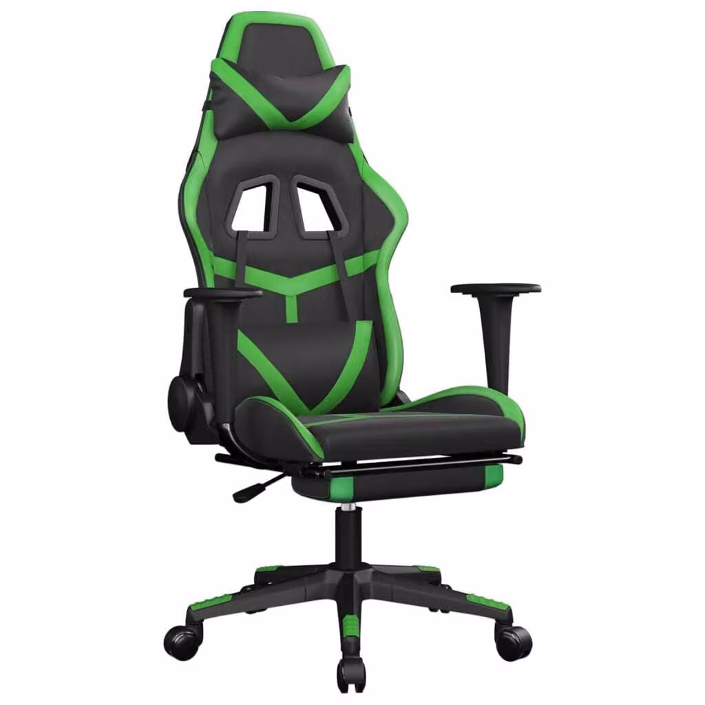 Sedia da Gaming con Poggiapiedi Nero e Verde in Pelle finta