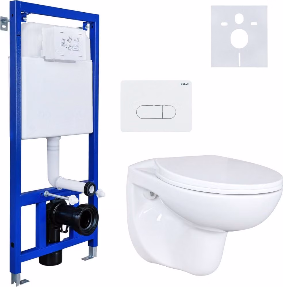 Set completo per WC Belvid EGWWC01Set completo, elemento premontato a parete con cassetta, coperchio a chiusura ammortizzata e piastra di risciacquo 3/6L e WC sospeso, fino a 400 kg