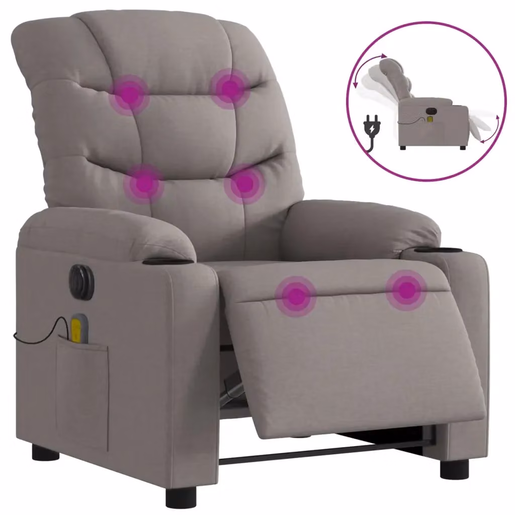 Poltrona Relax Reclinabile Elettrica Massaggiante in Tessuto Tortora con Braccioli e Struttura in Metallo e Legno – 2