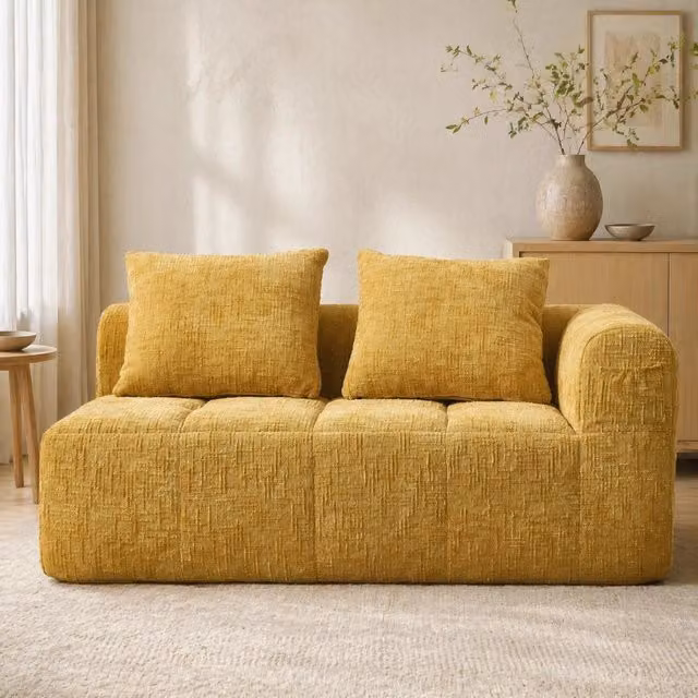 Divano chaise lounge in chenille giallo 158 x 90 x 60 cm con tasche laterali e cuscino