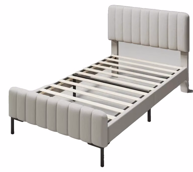 Letto matrimoniale, design moderno imbottito, testiera regolabile, 140×200 cm, grigio e beige-a