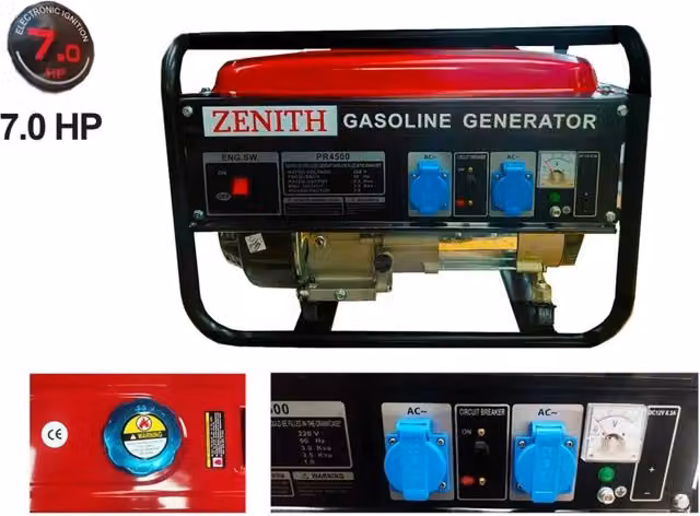 Generatore di Corrente Zenith 3kW con Motore a Benzina 4 Tempi, 2 prese 230V, 7.0 PS, Avviamento a Strappo, Rosso