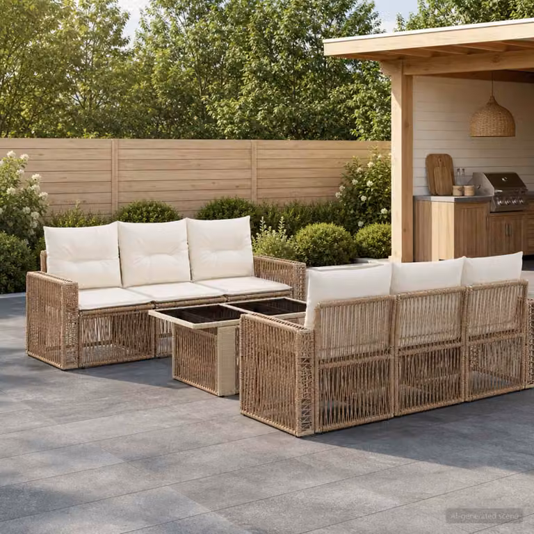 Set Divano da Giardino vidaXL 7 Pezzi in Polyrattan con Cuscini Beige e Bianco Crema