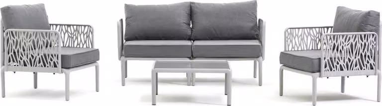 Set da giardino con divano, 2 poltrone e tavolo con piano in vetro temperato - struttura in resina rinforzata con fibra di vetro, cuscini da 12 cm e look ispirato alle foglie, ideale per giardino, terrazza e veranda - HOYA - Grigio chiaro/grigio scuro