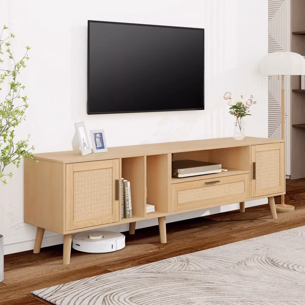 Mobile porta TV OKWISH in rovere con ante in rattan, 1 cassetto e 3 ripiani per soggiorno, L/P/H: 180 x 40 x 54 cm – 2