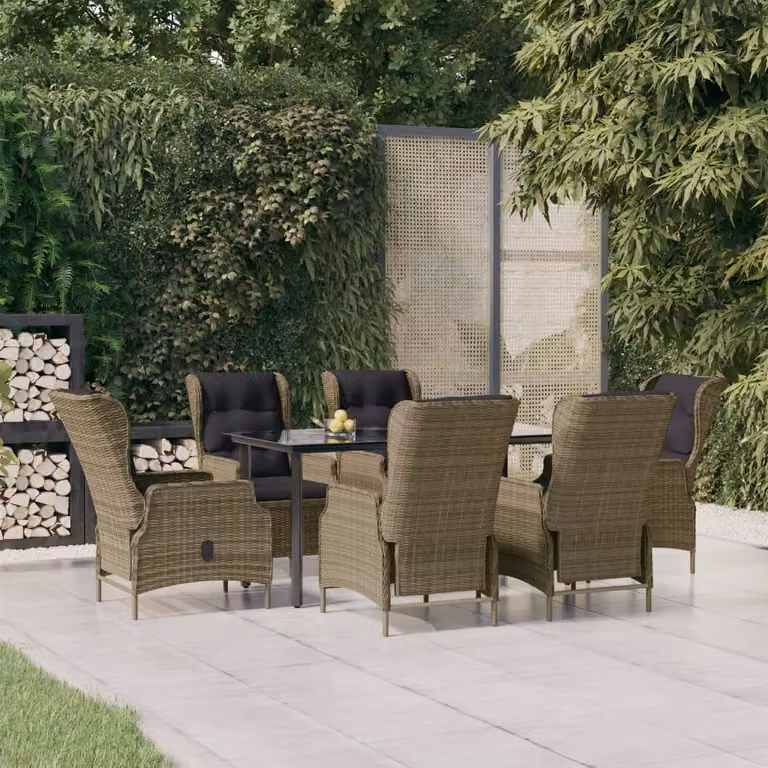 Set da pranzo da giardino vidaXL in 7 pezzi in polyrattan marrone e nero con tavolo rettangolare in vetro