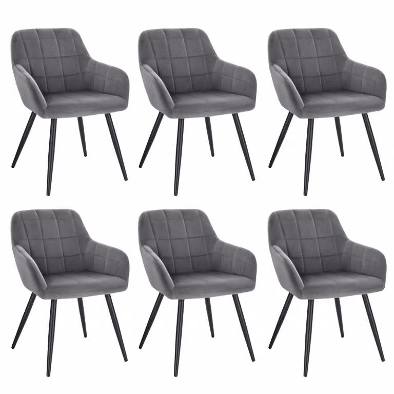 WOLTU Set di 6 sedie da pranzo Sedia da cucina Sedia imbottita Sedia di design con braccioli, con seduta in velluto, struttura in metallo, grigio scuro