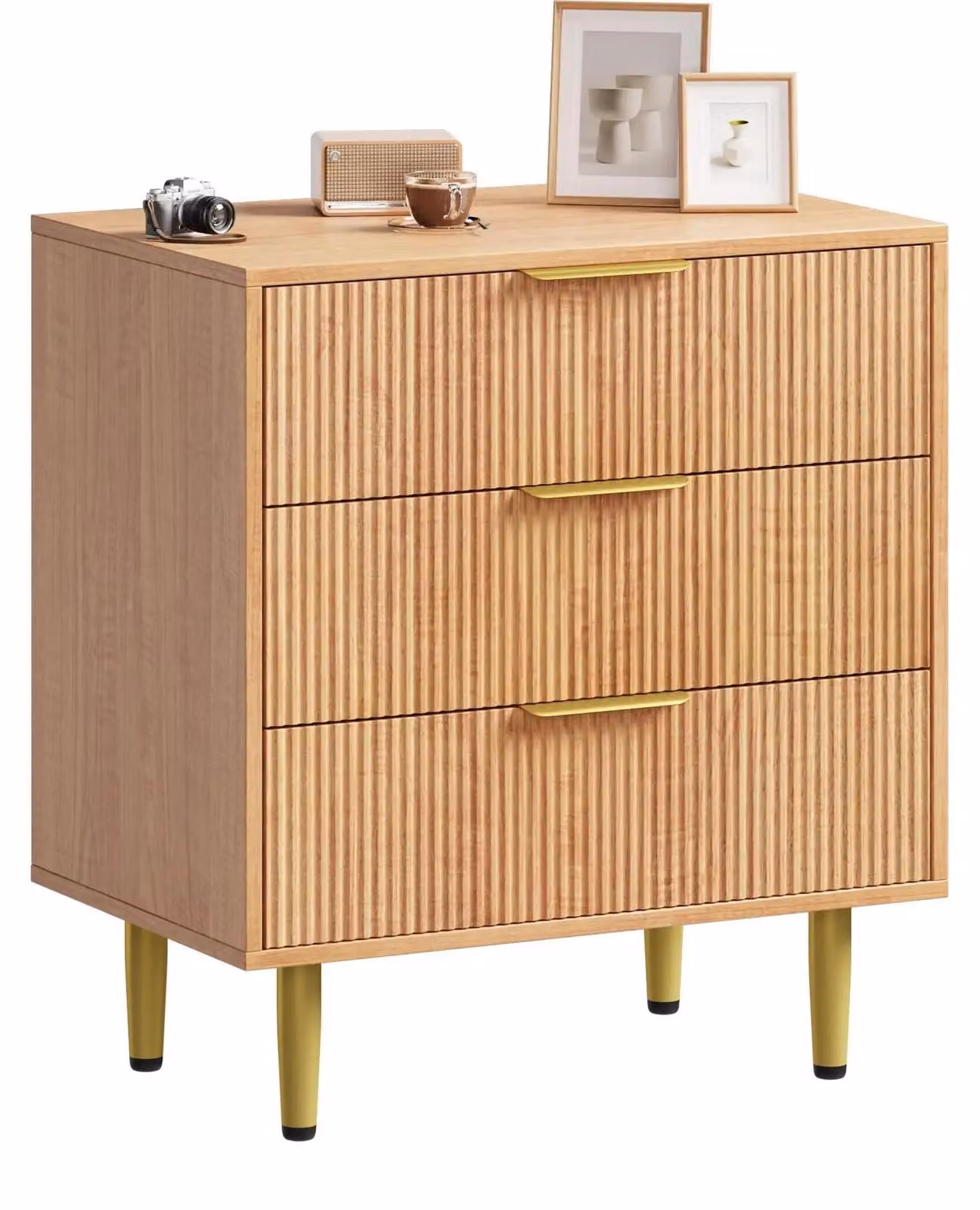 Comodino moderno con superficie scanalata - Comodino in legno con 3 cassetti - Maniglie e piedini in metallo - Ideale per camere da letto e soggiorni - Aspetto in legno