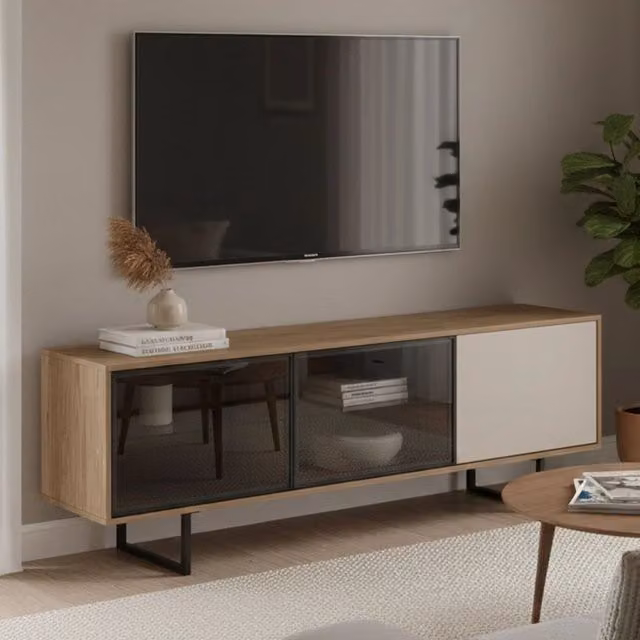 Mobile porta TV Serrata DMORA con cassetti in legno rovere marrone e beige L: 185 cm, P: 40 cm, H: 60 cm