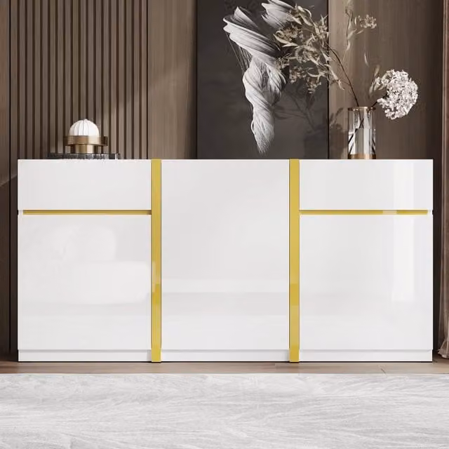 Credenza Bianca Lucida Madia Moderna 160 cm con 3 Ante 2 Cassetti e Dettagli Oro per Soggiorno
