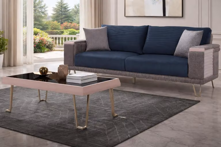 Elegante set da salotto: divano imbottito e tavolino in legno di design, 2 pezzi