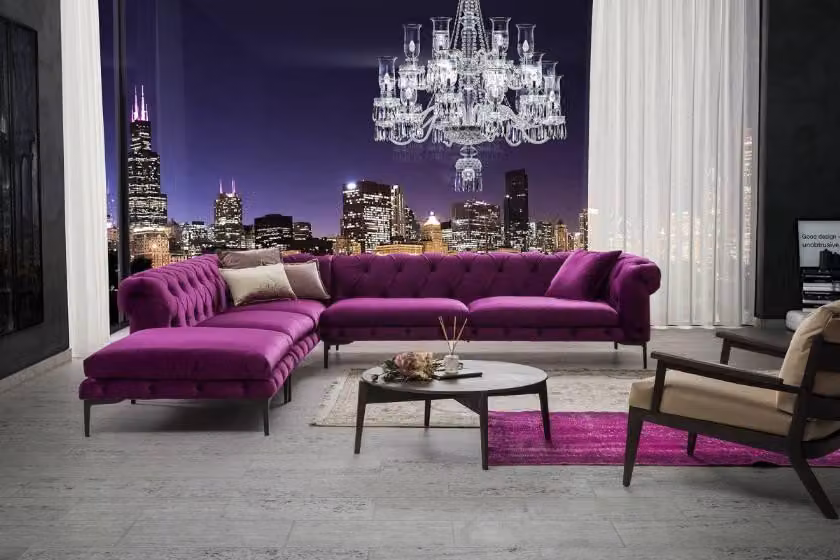 Lila Luxus Chesterfield Couch Eck Sofa Polster Sitz Garnitur Textil Stoff Sofas