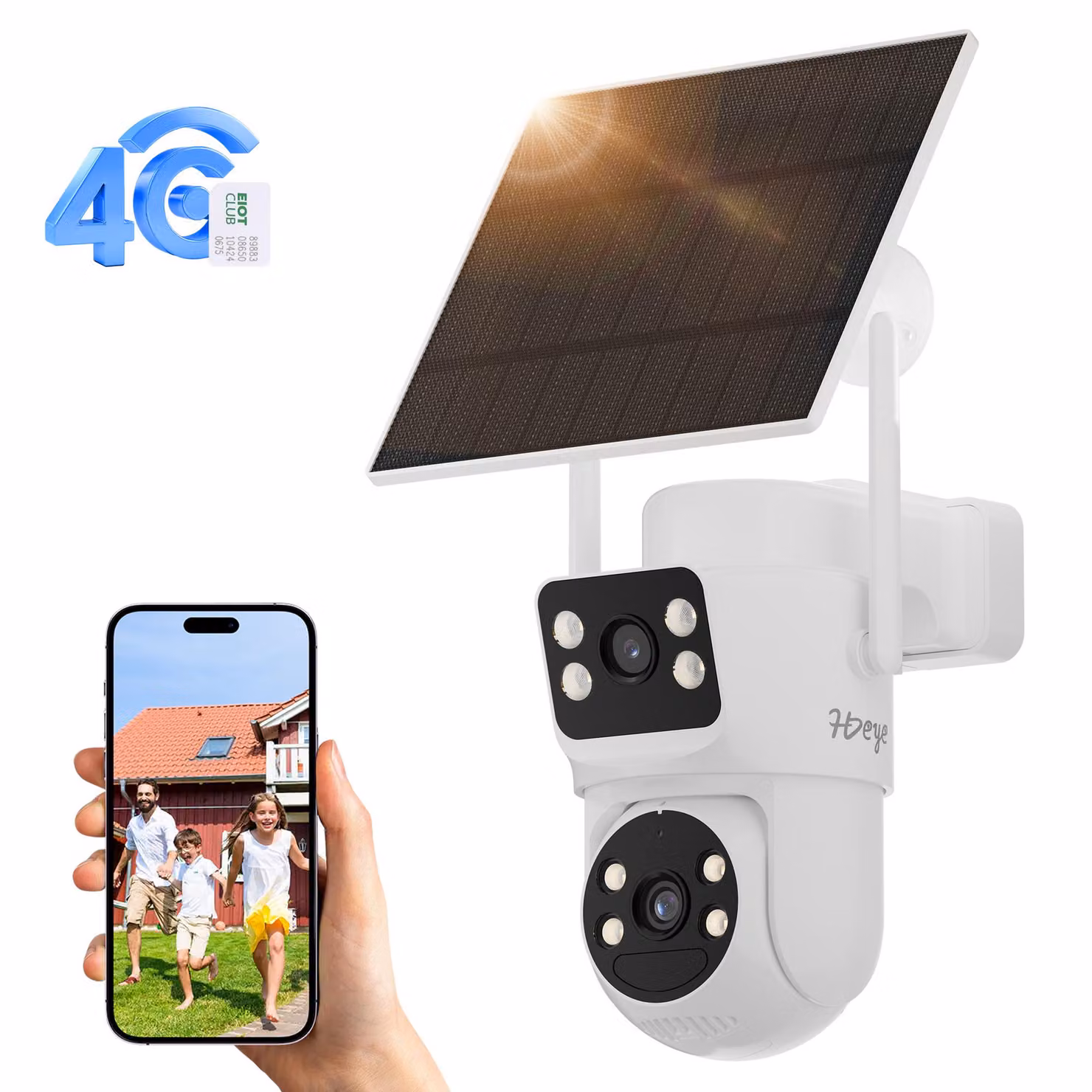 Telecamera di sicurezza solare 4G HDeye per esterni: doppio obiettivo 2K, rilevamento di movimento PIR, batteria con autonomia di 3 mesi e visione notturna con controllo remoto tramite app