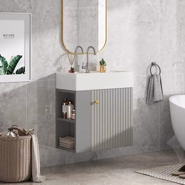 Mobile sottolavabo moderno OKWISH per bagno con ante soft close, design a strisce in legno e vetro, grigio e bianco