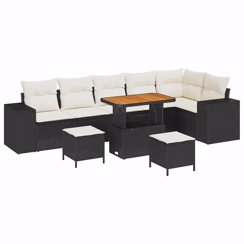 Set Divano da Giardino Moderno vidaXL in Polyrattan Nero con Cuscini Beige e Tavolino da Esterno 9 Pezzi – 2