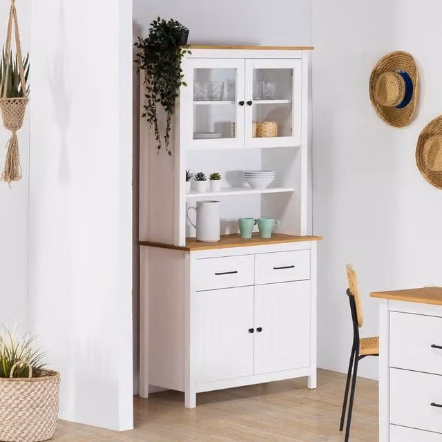 Credenza alta con vetrina Miranda in legno massiccio colore bianco e rovere 90x40x180H - 4 ante e 2 cassetti