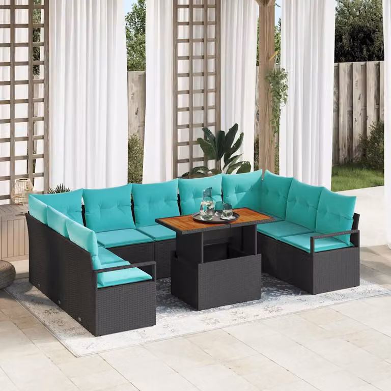 Set Divano da Giardino vidaXL a 9 posti con Tavolino, Colore Nero e Petrolio