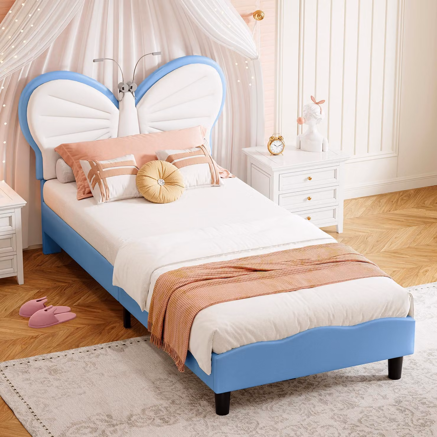 Letto per bambini INONEFT, dimensioni 90x190 cm, letto a forma di principessa con lampada da lettura, poggiatesta regolabile a forma di farfalla, letto per adolescenti, letto imbottito, letto singolo