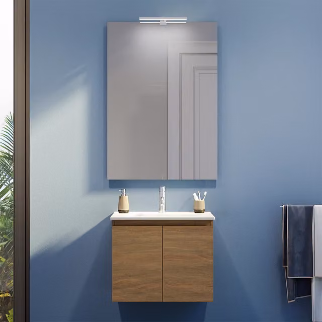 Mobile bagno sospeso Yili con lavabo e specchio LED in rovere scuro e bianco, larghezza: 80 cm