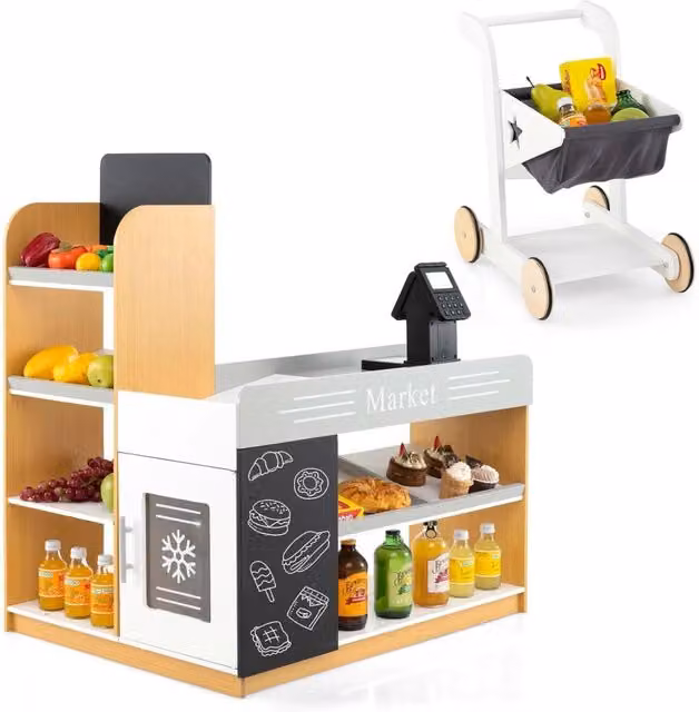 Set da Gioco Supermercato Costway in Legno Multicolore con Banco, Carrello della Spesa, Lavagne e Registratore di Cassa