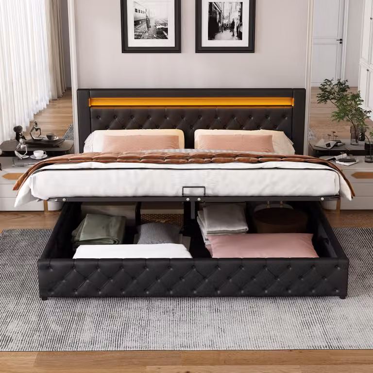 okwish Letto imbottito, Letto matrimoniale, 160 x 200 cm, Letto idraulico con materasso e contenitore, Letto per bambini con illuminazione LED, con materasso, nero