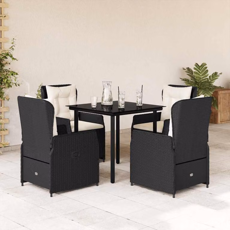 Set da Pranzo da Giardino vidaXL 5 pz in Polyrattan Nero con Piano in Vetro e Cuscini