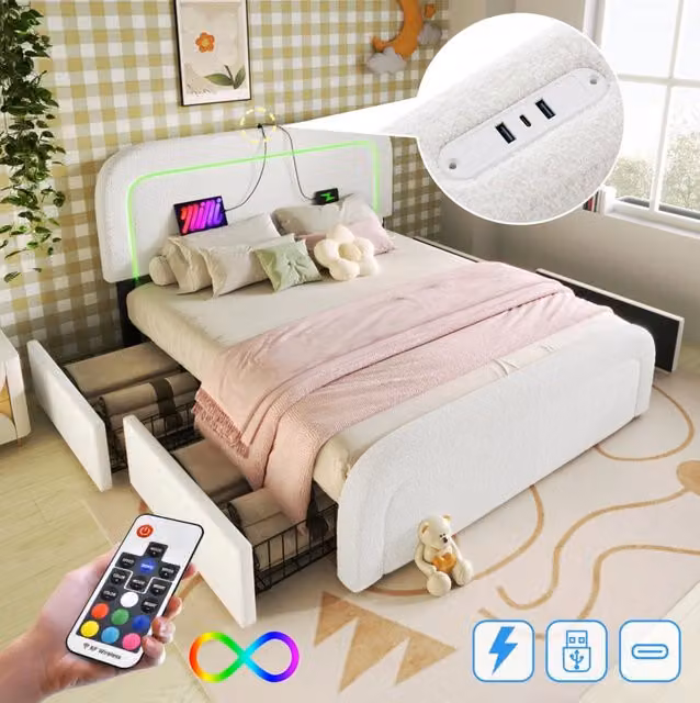 Letto imbottito 160x200 cm in sherpa bianco con LED; USB e Type-C; 4 cassetti e testiera regolabile