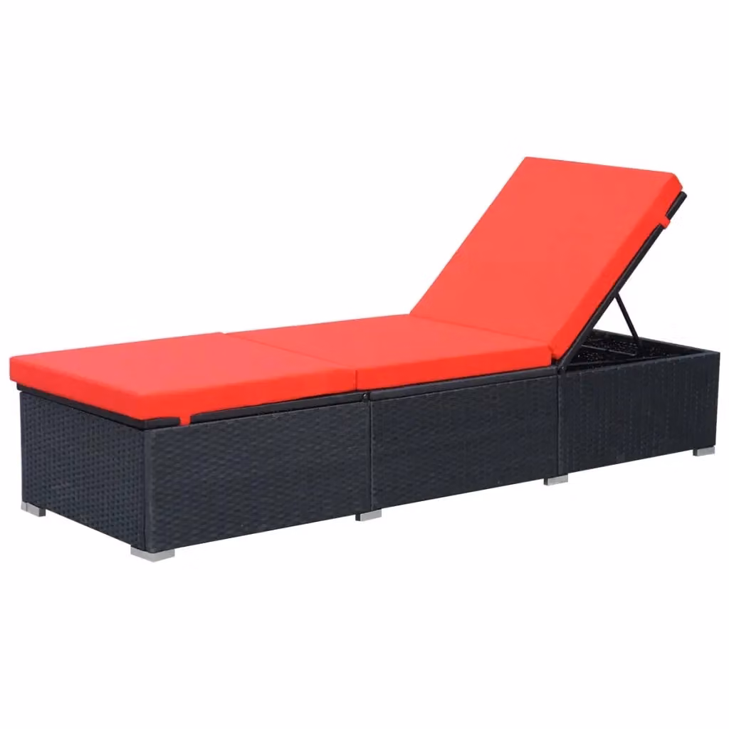 Lettino prendisole vidaXL in rattan con cuscino regolabile nero e rosso per giardino – 2