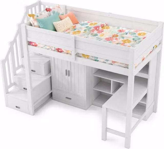 Letto a castello REDOM in legno e MDF bianco con scala a gradini, illuminazione LED sottostante e scomparti laterali, dimensioni 90x200 cm