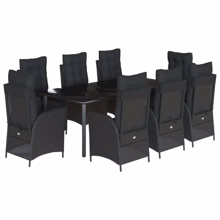 Set da Pranzo da Giardino 9 pz con Cuscini Nero in Polyrattan
