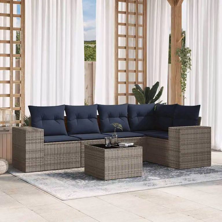 Set da giardino vidaXL in polyrattan grigio composto da 6 pezzi con cuscini e tavolino da esterno