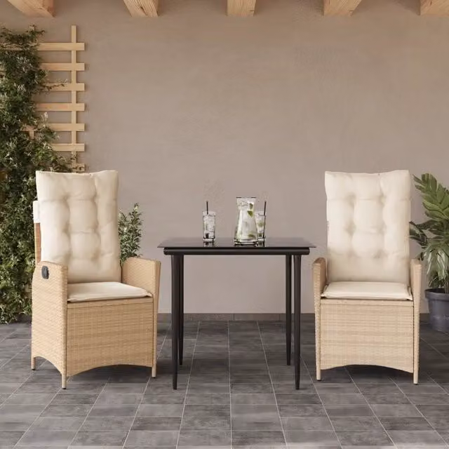Set da Pranzo da Giardino 3 pz | Set Salotto da Giardino con Cuscini Beige in Polyrattan
