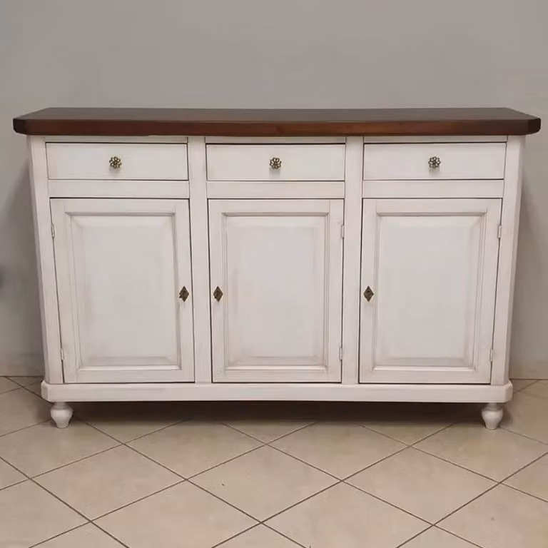 Madia credenza shabby chic bicolore in legno con 3 porte Mobili 2G L/P/H: 150 x 43 x 98 cm