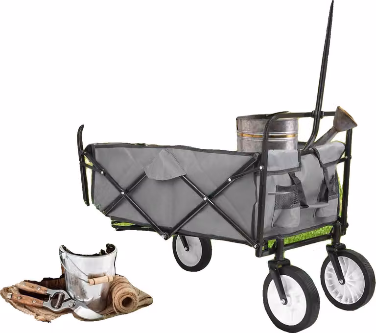 Carrello da giardino, portata 80 kg, capacità 98 litri, dimensioni 90 x 52,5 x 119 cm, telaio in acciaio, design pieghevole