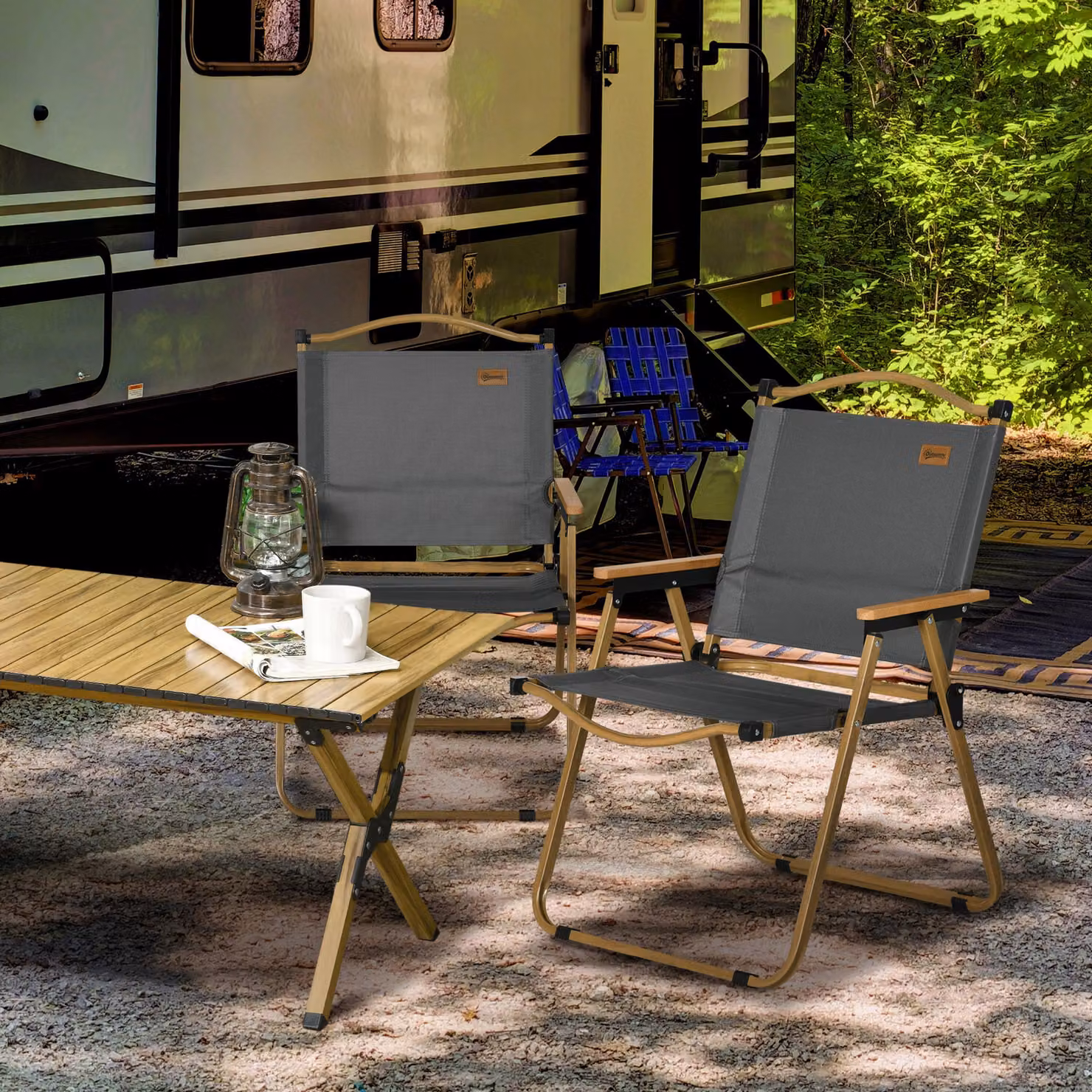 Set di 2 sedie pieghevoli da esterno Outsunny con braccioli in tessuto Oxford e acciaio verniciato, Grigio – 2