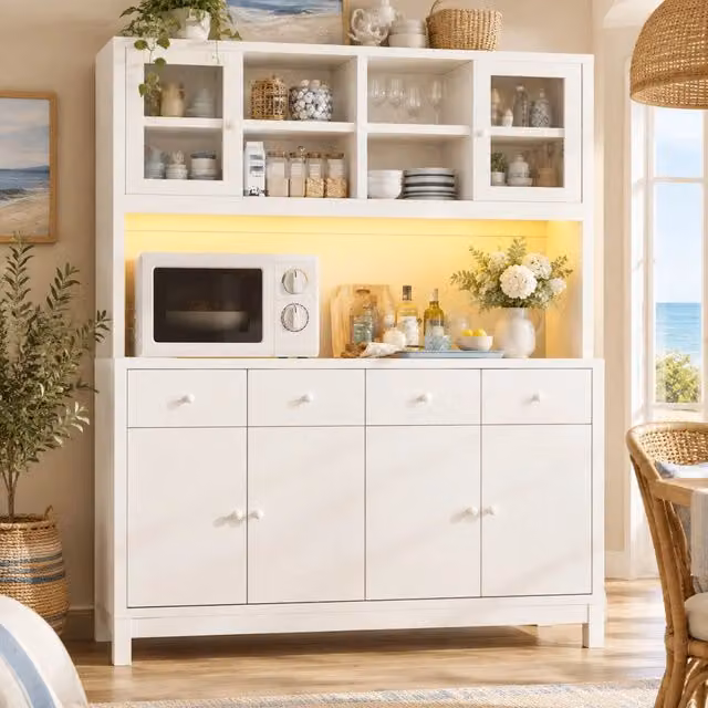 Credenza alta bianca 140x38,5x180 cm con LED RGB app, ante in vetro e 4 cassetti