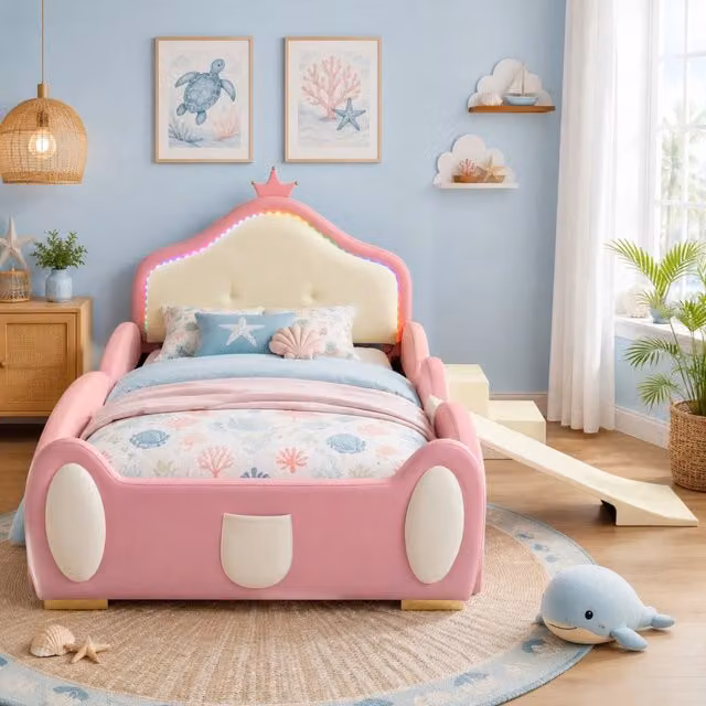Letto imbottito per bambini ULEVR 90x200 cm con LED multicolore, scivolo e scaletta, PU rosa e beige