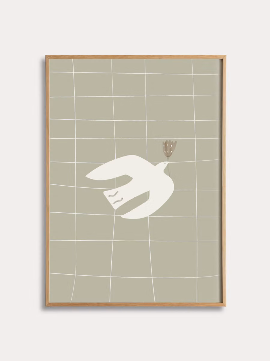 Poster illustrato Bird per bambini Kenay Home, stile scandinavo, colori bianco, grigio e verde, 21 x 30 cm – 2