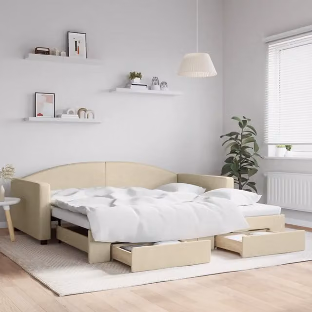Divano Letto Estraibile con Cassetti Crema 100x200cm in Tessuto 3197233