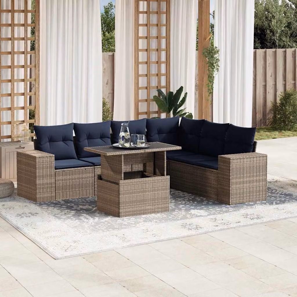 Set da giardino vidaXL in polyrattan grigio composto da 7 pezzi con cuscini e tavolino da esterno