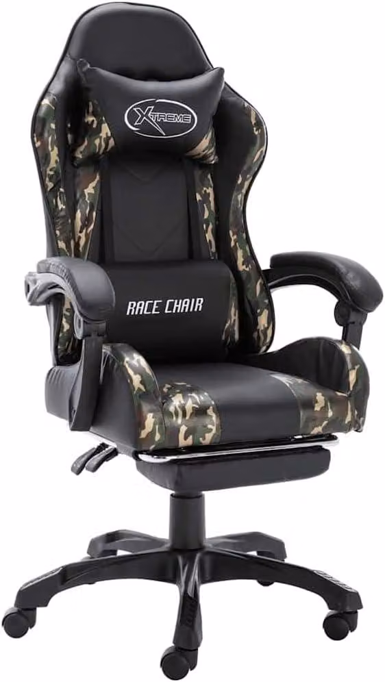 Sedia da gaming con poggiapiedi, in ecopelle, nera e con motivo camouflage. Sedia da ufficio ergonomica, girevole e regolabile in altezza, con braccioli imbottiti e poggiatesta, ideale per l'ufficio domestico e il gaming