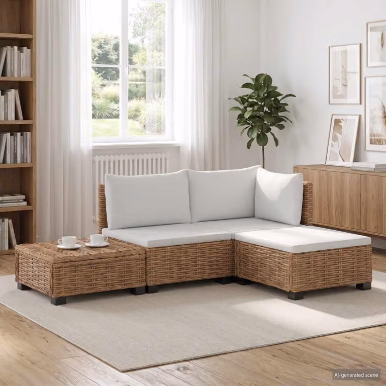 Set Lounge 4 Pezzi vidaXL GENDT in Polyrattan con Cuscini e Tavolino da Esterno, Design Moderno a L, Colore Rattan Naturale