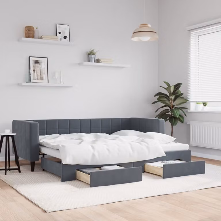 vidaXL Divano Letto Estraibile con Cassetti in Velluto Grigio L: 200 cm, P: 80 cm, H: 68 cm
